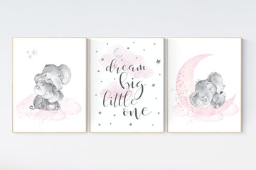 Elephant nursery, nursery wall art elephant, nursery decor girl, dream big little one, pink nursery, baby room decor girl, nursery prints