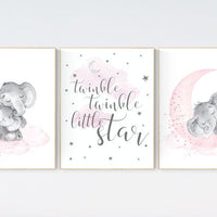 Elephant nursery, nursery wall art elephant, nursery decor girl, twinkle twinkle little star, baby room, girl nursery decor, moon and stars