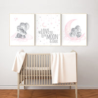 Nursery wall art girl elephant, pink and gray nursery, we love you to the moon and back, pink nursery art, moon and stars, baby room decor