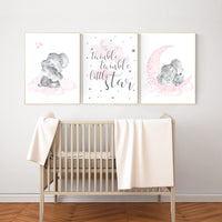 Elephant nursery, nursery wall art elephant, nursery decor girl, twinkle twinkle little star, baby room, girl nursery decor, moon and stars