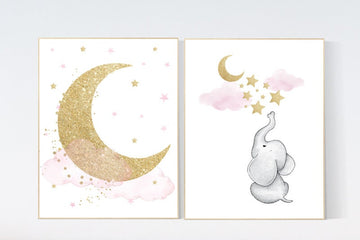 Nursery decor girl gold, Elephant nursery decor, pink gold nursery, girl nursery art, baby room wall art, gold nursery, moon and stars