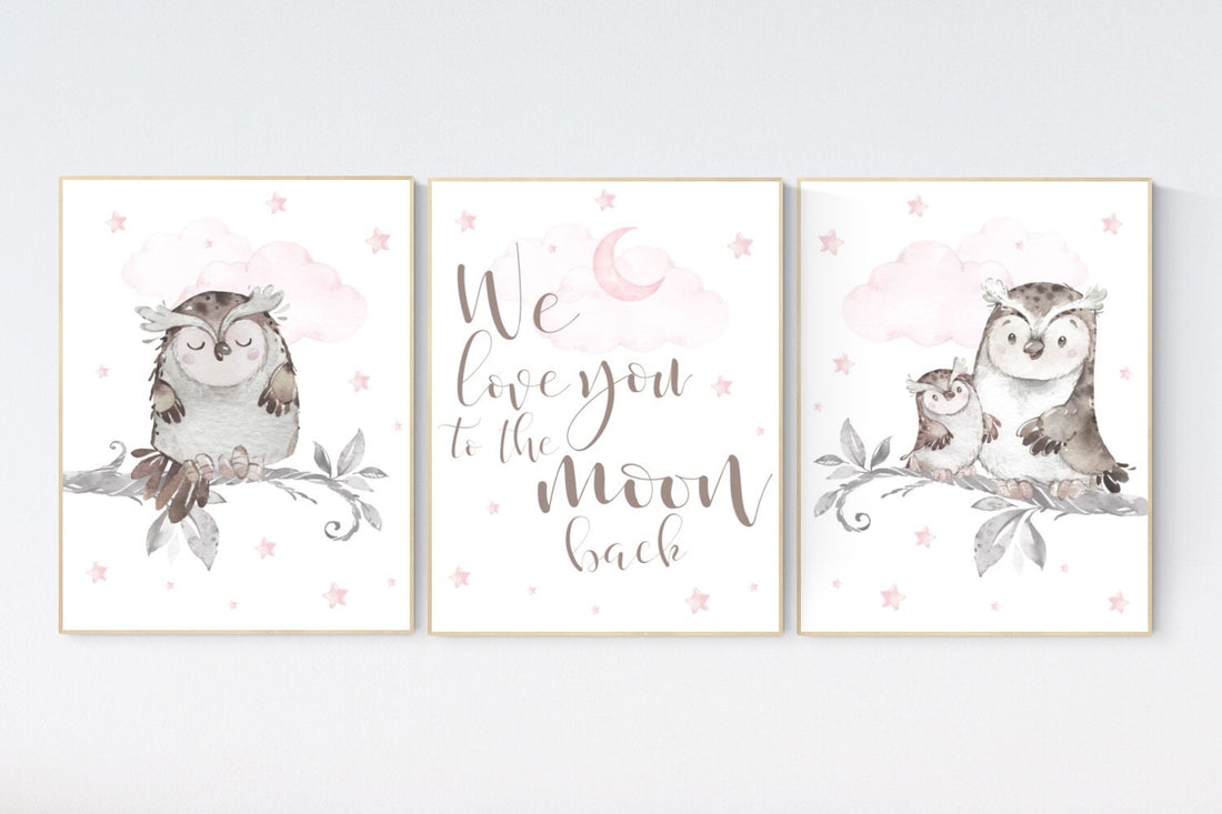 Nursery decor girl, nursery decor girl pink and gray, owl nursery decor, pink and gray nursery, owl print for nursery, baby room wall art