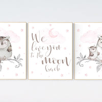 Nursery decor girl, nursery decor girl pink and gray, owl nursery decor, pink and gray nursery, owl print for nursery, baby room wall art