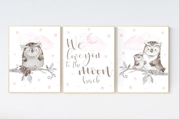 Nursery decor girl, nursery decor girl pink and gray, owl nursery decor, pink and gray nursery, owl print for nursery, baby room wall art