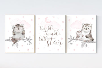 Pink nursery decor, Owl nursery wall art, baby girl room decor, twinkle twinkle little star, baby girl nursery decor, baby girl room decor
