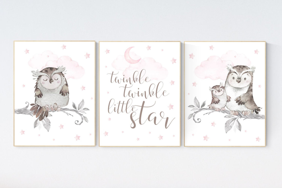 Owl print nursery, Pink nursery decor, Owl nursery wall art, baby girl room decor, twinkle twinkle little star, nursery ideas for girls