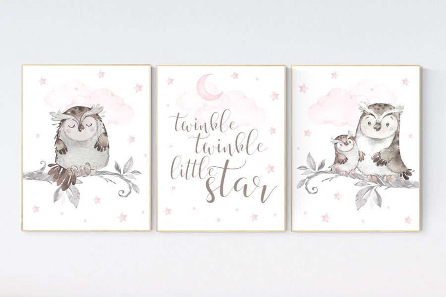 Owl print nursery, Pink nursery decor, Owl nursery wall art, baby girl room decor, twinkle twinkle little star, nursery ideas for girls