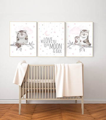 Baby girl room wall art, nursery decor girl pink and gray, owl nursery decor, pink and gray nursery, owl print for nursery, baby room art