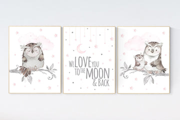 Nursery decor girl, nursery decor girl pink and gray, owl nursery decor, pink and gray nursery, owl print for nursery, baby room wall art