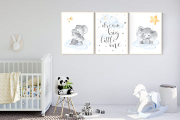 Nursery wall art elephant, moon and stars, gender neutral, baby room decor, elephant balloon, dream big little one, baby room decor ideas