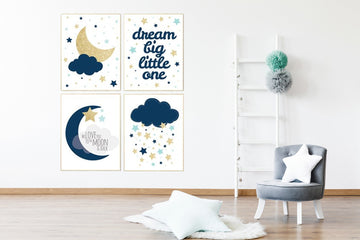 Navy mint nursery, nursery decor boys, dream Big little one, navy mint gold, nursery art,  gender neutral baby room decor, set of 4 prints