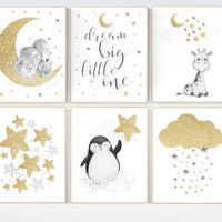 Gold nursery decor, nursery wall art neutral, elephant, giraffe, penguin, cloud stars, star nursery, dream big little one, gold baby room