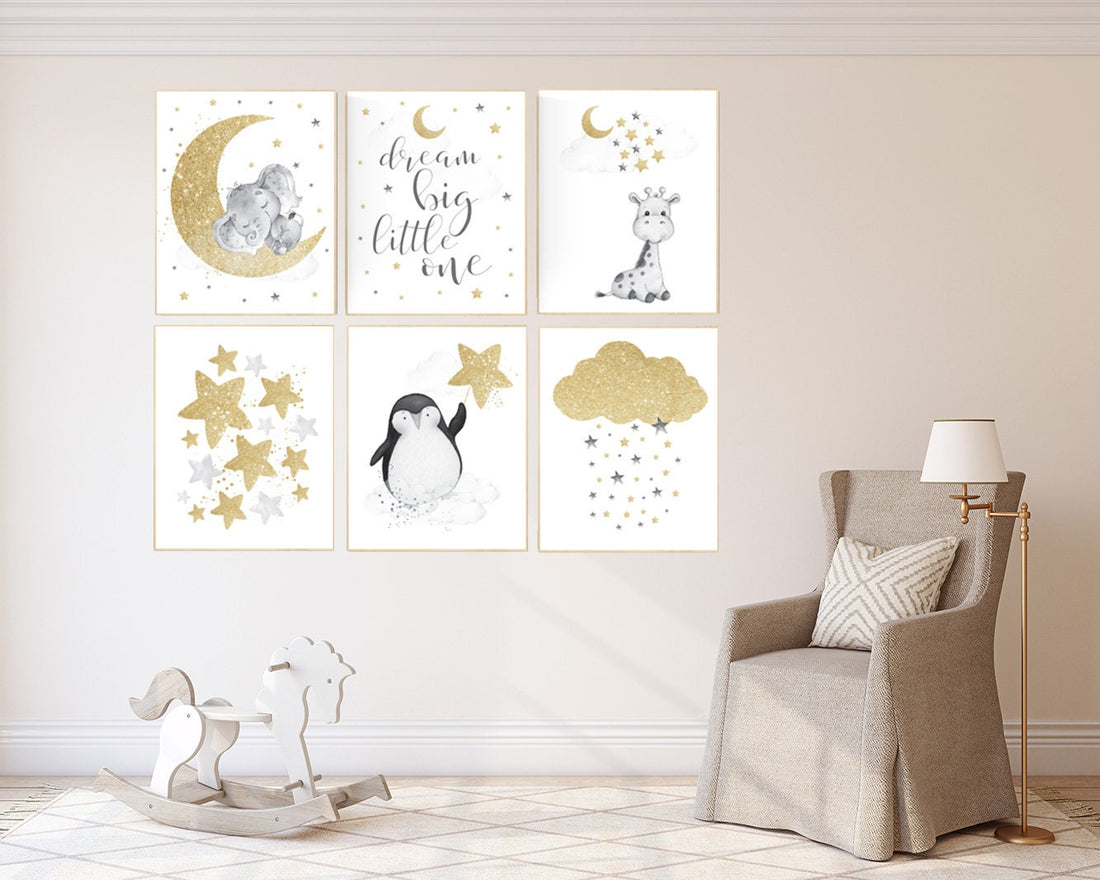 Gold nursery decor, nursery wall art neutral, elephant, giraffe, penguin, cloud stars, star nursery, dream big little one, gold baby room