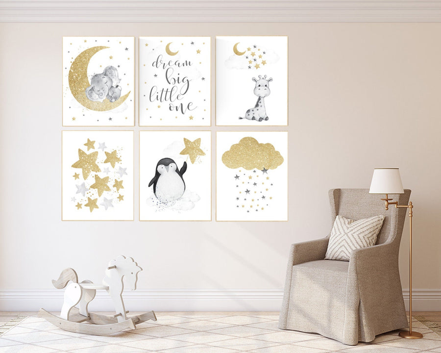 Gold nursery decor, nursery wall art neutral, elephant, giraffe, penguin, cloud stars, star nursery, dream big little one, gold baby room