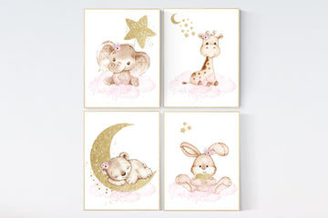 Pink and gold nursery, Nursery decor girl elephant, animal nursery, bunny nursery art, pink gold, bear nursery, giraffe baby room wall art
