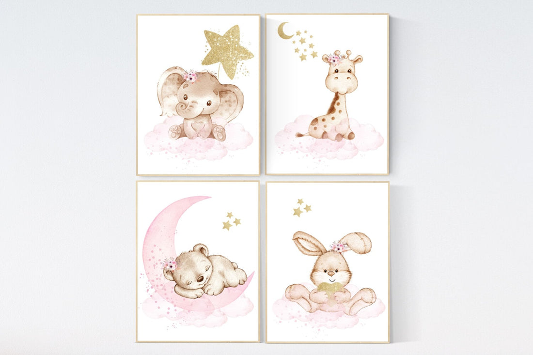 Pink and gold nursery, Nursery decor girl elephant, animal nursery, bunny nursery art, pink gold, bear nursery, giraffe baby room wall art