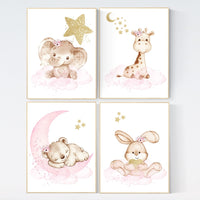Pink and gold nursery, Nursery decor girl elephant, animal nursery, bunny nursery art, pink gold, bear nursery, giraffe baby room wall art