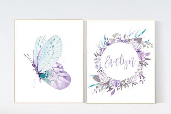 Nursery decor girl purple, nursery decor girl name, butterfly nursery wall art, lavender nursery, lilac nursery, girls room decor purple