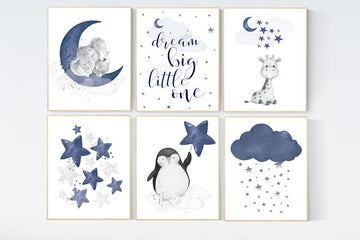 Nursery decor boy elephant, nursery wall art boy, moon and stars, navy blue, penguin, giraffe, dream big little one, navy nursery set