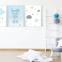 Blue gray nursery, Twinkle Twinkle Little Star, Baby boy nursery decor, moon nursery art, boys room wall art, baby room prints, set of 3