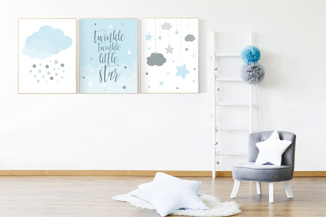 Blue gray nursery, Twinkle Twinkle Little Star, Baby boy nursery decor, moon nursery art, boys room wall art, baby room prints, set of 3