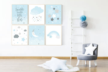 Nursery prints boy, blue nursery decor, twinkle twinkle little star, blue gray Nursery decor boy, moon and cloud, star nursery wall art