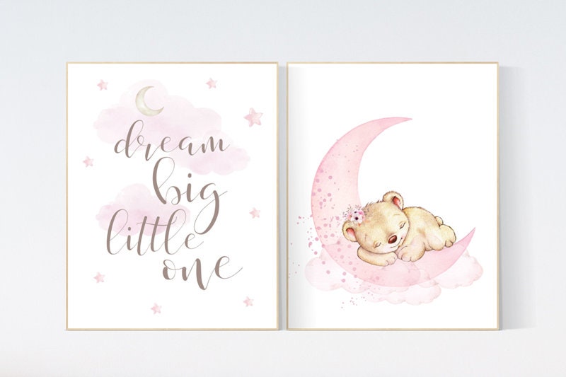 Nursery wall art bear, girl nursery decor animals,  nursery decor woodland, nursery prints girl, girls room, dream big little one teddy bear