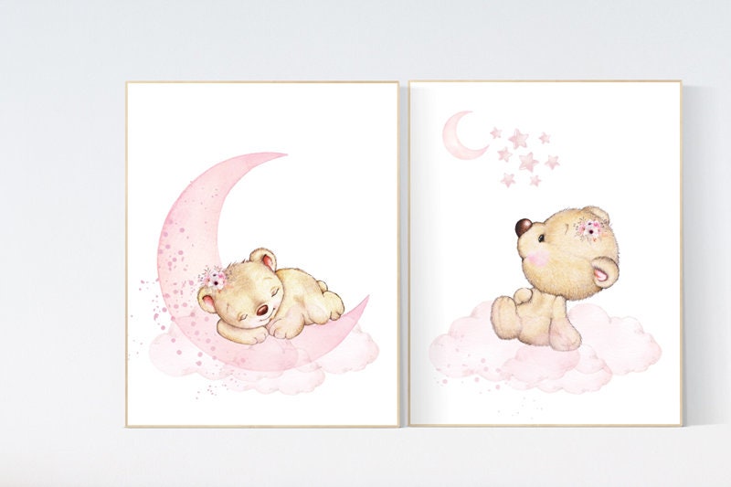 Pink girl room print, Nursery wall art bear, girl nursery decor animals, baby girl room, dream big little one teddy bear nursery art