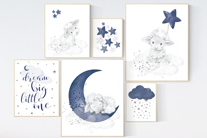 Lamb nursery print set, sheep nursery above crib art, navy nursery, sheep nursery art, sheep baby decor, Boy Wall Art, Baby Blue, Boy Lamb