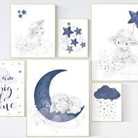 Lamb nursery print set, sheep nursery above crib art, navy nursery, sheep nursery art, sheep baby decor, Boy Wall Art, Baby Blue, Boy Lamb