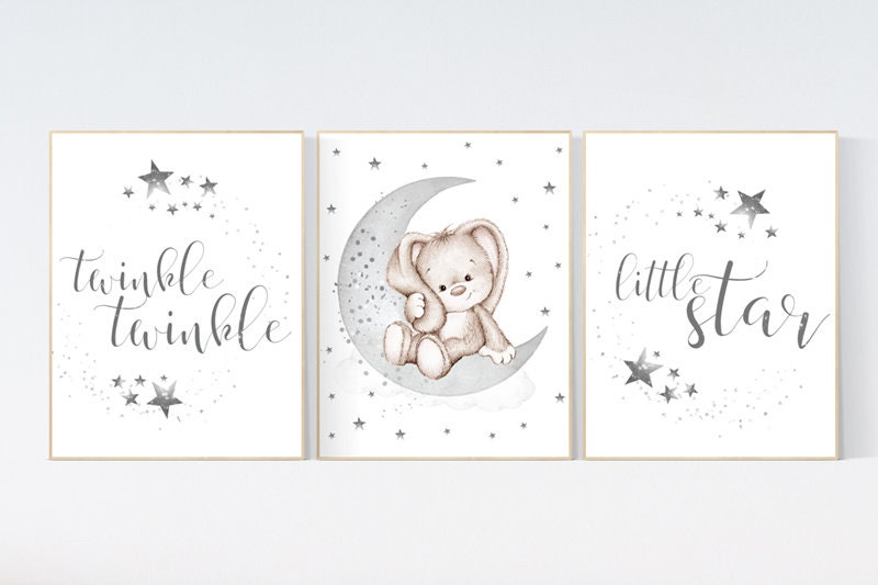 Gray nursery, gender neutral, grey, bunny, rabbit, Twinkle twinkle little star, Nursery decor neutral, cloud, moon and stars, twin nursery