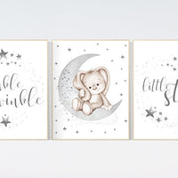 Gray nursery, gender neutral, grey, bunny, rabbit, Twinkle twinkle little star, Nursery decor neutral, cloud, moon and stars, twin nursery