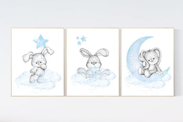 Nursery decor boy bunny, bunny print set, blue nursery, rabbit nursery decor, boy nursery, Bunny print nursery, boy nursery wall art