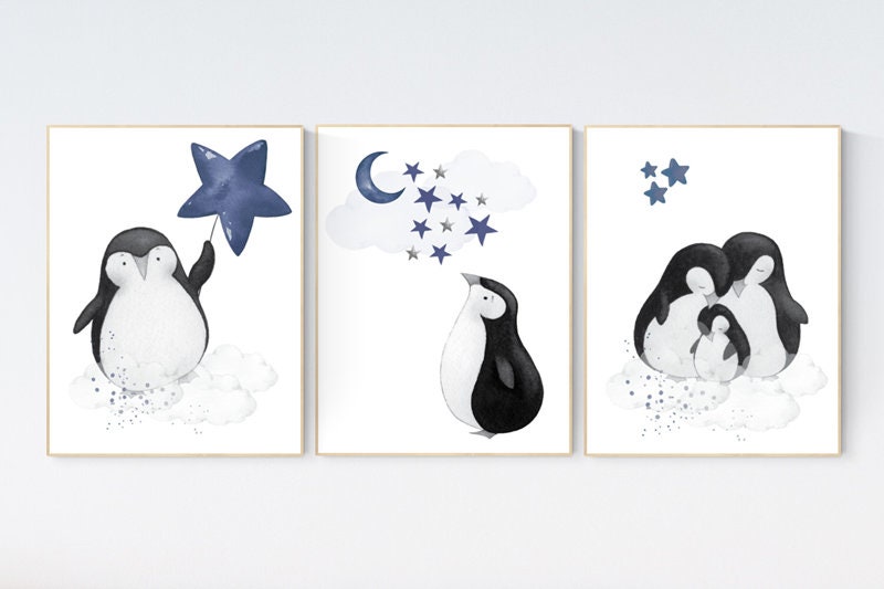 Navy nursery decor, penguin nursery, cloud and stars, navy blue nursery art. baby room wall art, boy nursery decor, nursery wall art penguin