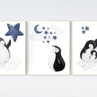 Navy nursery decor, penguin nursery, cloud and stars, navy blue nursery art. baby room wall art, boy nursery decor, nursery wall art penguin