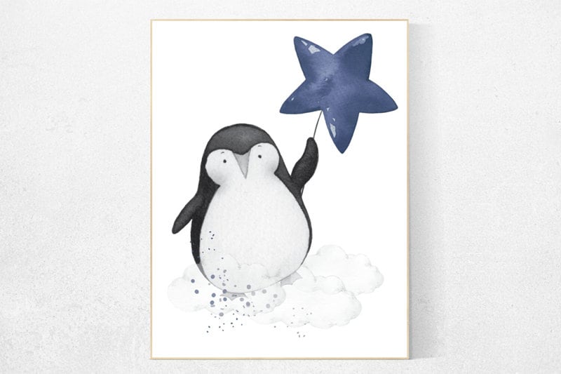 Navy nursery decor, penguin nursery, cloud and stars, navy blue nursery art. baby room wall art, boy nursery decor, nursery wall art penguin