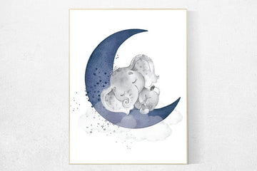 Nursery decor elephant, navy nursery decor, cloud and stars, moon and stars, navy blue nursery art. baby room wall art, elephant nursery