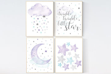 Nursery decor girl purple teal, nursery decor girl purple, lilac, lavender, mint, moon and cloud, twinkle twinkle little star, star nursery