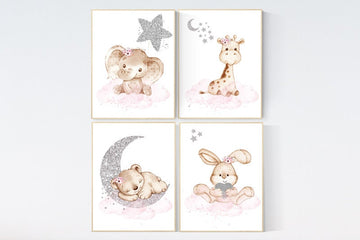Woodland animals, Nursery decor girl elephant, animal nursery, bunny nursery art, pink silver, bear nursery, giraffe baby room wall art