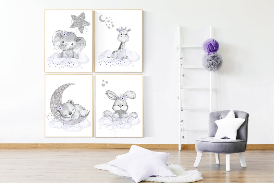 Nursery decor girl purple, Woodland animals, Nursery decor elephant, animal nursery,  giraffe, bunny, bear, purple silver, baby room art