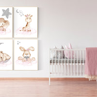 Woodland animals, Nursery decor girl elephant, animal nursery, bunny nursery art, pink silver, bear nursery, giraffe baby room wall art