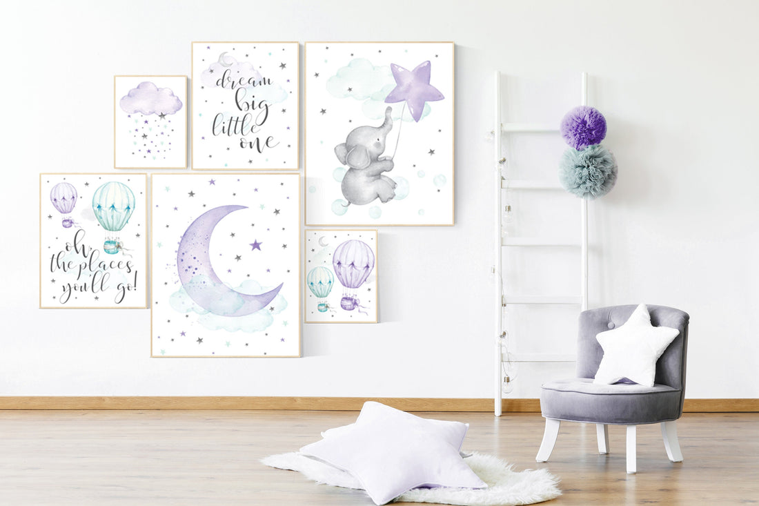 Girl Nursery Prints Mint Nursery Wall Decor Purple Mint Nursery
