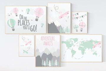 Pink mint nursery, Mountain nursery art, adventure awaits baby room print, adventure nursery, hot air balloon Nursery decor, world map