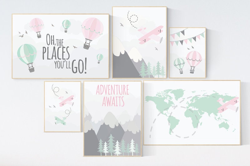 Pink mint nursery, Mountain nursery art, adventure awaits baby room print, adventure nursery, hot air balloon Nursery decor, world map