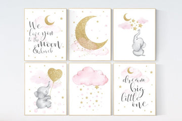Pink gold nursery, girl room wall art, baby nursery wall art, moon and stars, pink and gold, Nursery decor girl, nursery decor elephant
