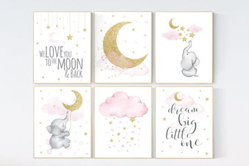 We love you to the moon and back, Pink gold nursery, girl room wall art, moon nursery, Nursery decor girl, nursery decor elephant, stars