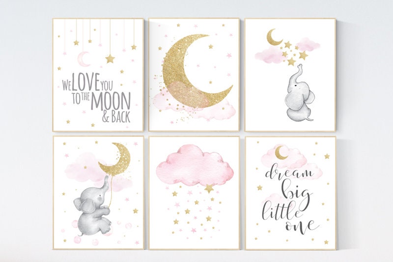 We love you to the moon and back, Pink gold nursery, girl room wall art, moon nursery, Nursery decor girl, nursery decor elephant, stars