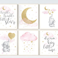 Pink gold nursery decor, Moon cloud star nursery, elephant, nursery set of 6, nursery ideas for girls, girl nursery ideas, elephant nursery