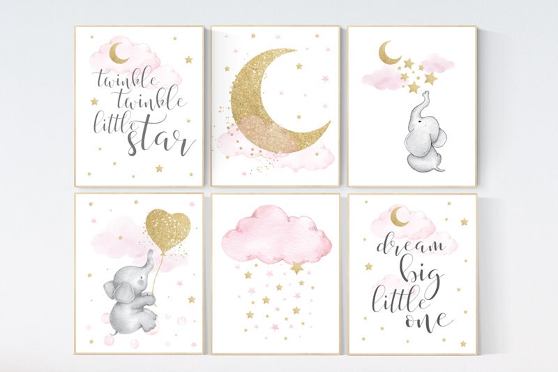 Pink gold nursery decor, Moon cloud star nursery, elephant, nursery set of 6, nursery ideas for girls, girl nursery ideas, elephant nursery