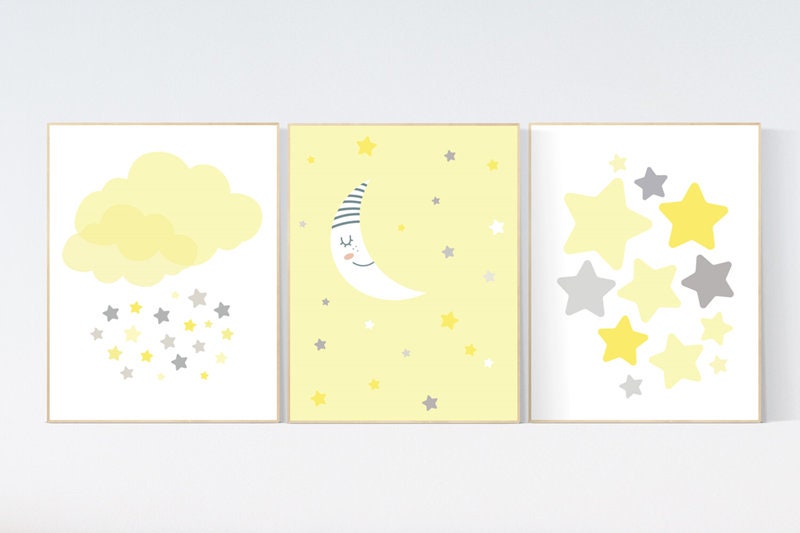 Yellow gray nursery wall art, Nursery decor girl yellow, moon cloud star, baby room decor for twin, moon nursery decor, gender neutral, twin